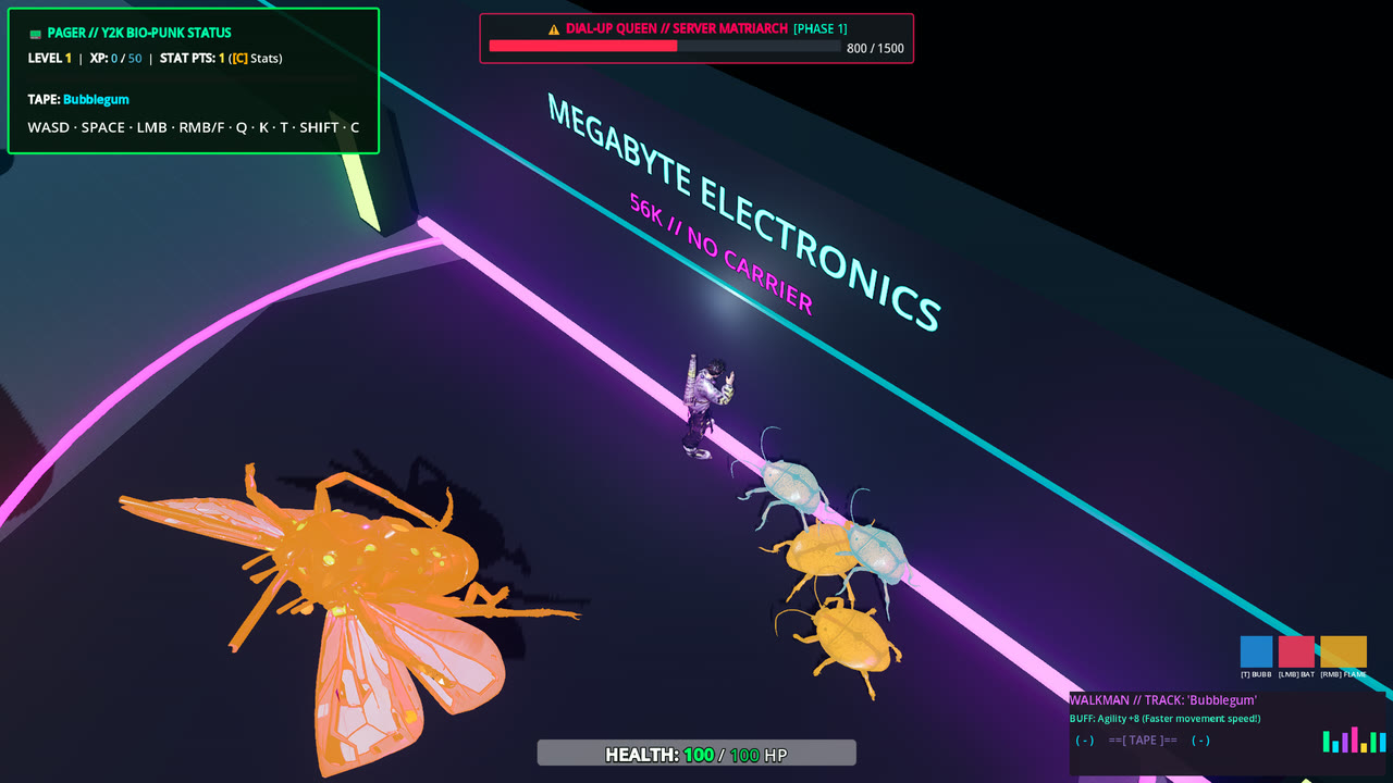 Y2K: Bio-Punk: the player faces the Dial-Up Queen and her summoned roaches in a neon server pit under a MEGABYTE ELECTRONICS sign